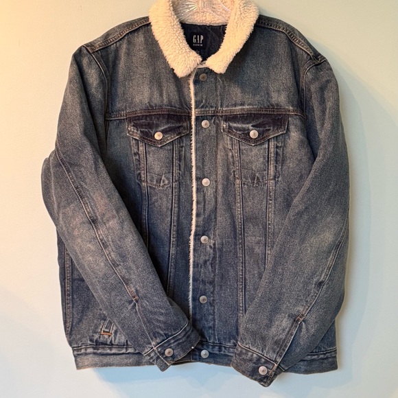 The GAP DENIM Medium Wash RARE Jean Shearling Sherpa Lined Trucker JACKET Sz XL - Picture 10 of 10